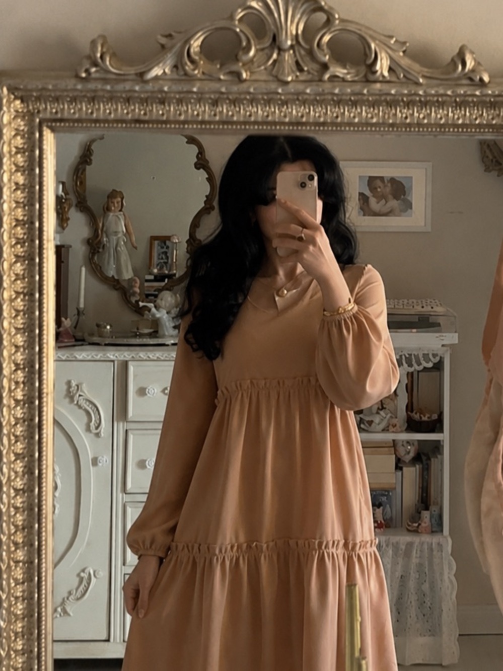 Long-Sleeve Tiered Dress in Camel